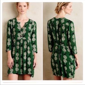 Anthropologie Maeve Devery green birds dress Sz XS